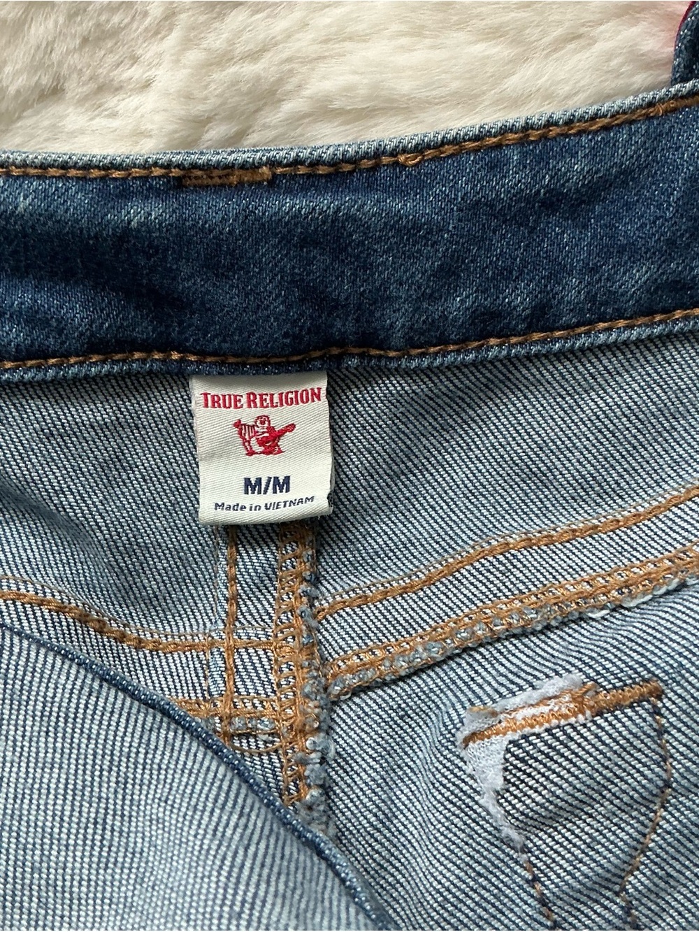 True Religion Blue Denim Overalls with Maroon Branded Straps - Picture 8 of 9